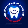 International Day of the Dentist. Tooth symbol with a cute smile on the background of the globe.